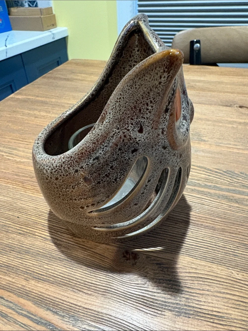 Vintage PartyLite Brown Speckled Ceramic Owl Votive Holder